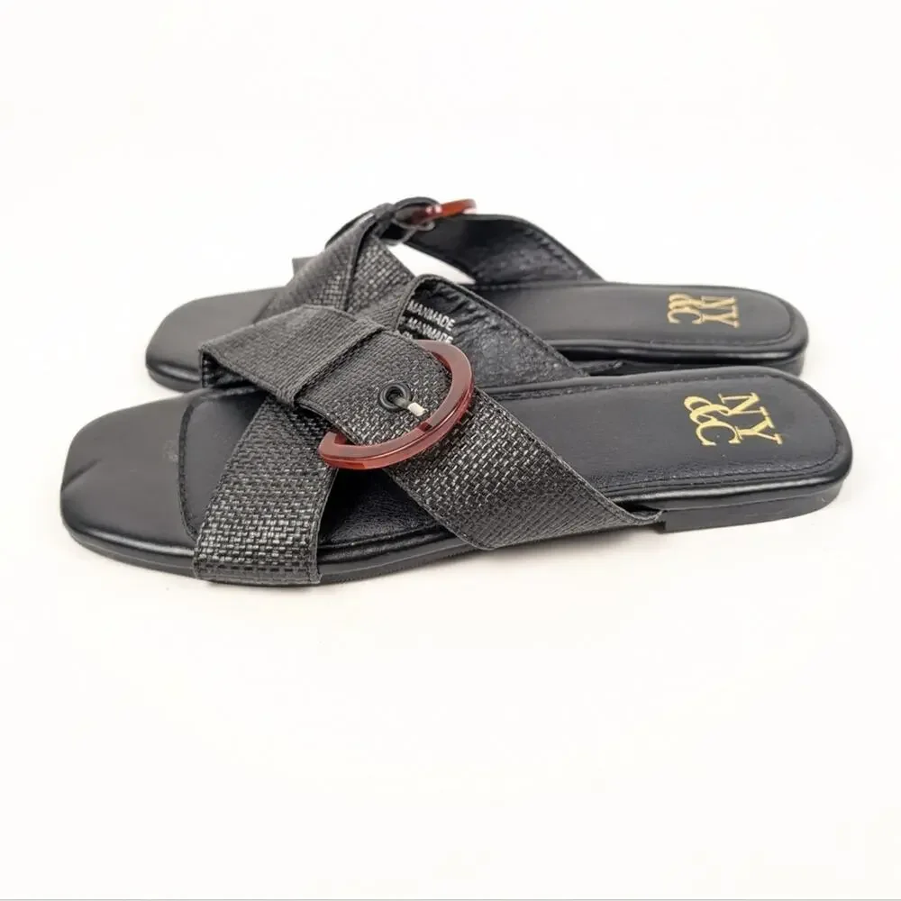 New York & Company Black Criss Cross Slip On Buckle Flat Sandals Size 6